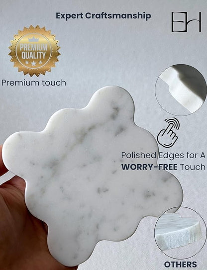 Marble Coasters Set of 4 - Natural Stone Coaster for Drinks, Modern Cup Holders, Bar Coffee Table Desk Decor, Cool Home Decor 4" (Calacatta White, Scalloped Square)