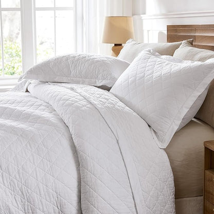 WDCOZY 100% Pre-Washed Cotton Oversized King Size Quilt Set - White California Cal King Soft Lightweight Bedspread, Textured Like Linen, Farmhouse Country Rustic Coverlet, Diamond Stitch Bedding
