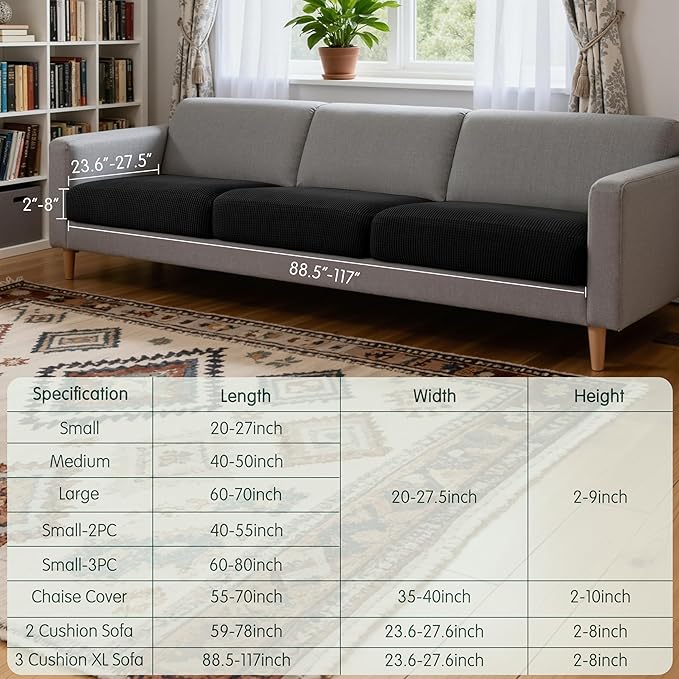 CHUN YI 3 Piece Couch Cushion Covers for XL-Sofa Seat Slipcovers Suitable with Spandex Jacquard Washable Fabric (3 Piece XL-Sofa Cushion Covers, Black)