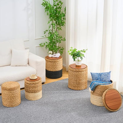 Wimarsbon Round Pouf Ottomans, Handwoven Natural Water Hyacinth Seagrass Pouffe,Outdoor Rattan Stool Accent Seat, Bohemian Coastal Home Decor (Cattail Nested Set-Black)