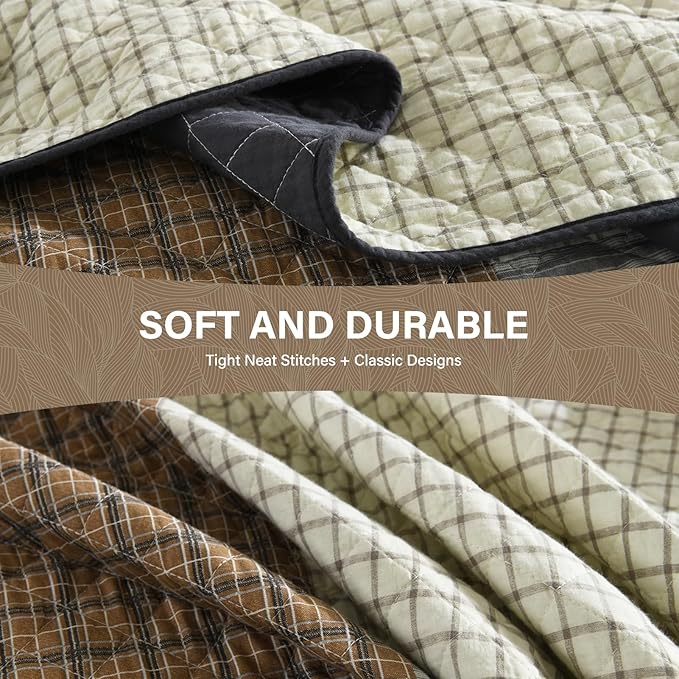 SahSahCasa 100% Cotton 120"x102" Oversized Bedspread Coverlet Quilt Set Queen Size, Queen Quilted Bedspread Extra Large Quilt, Patchwork XL Bed Spread Lightweight Comforter, Brown/Cream/Gray