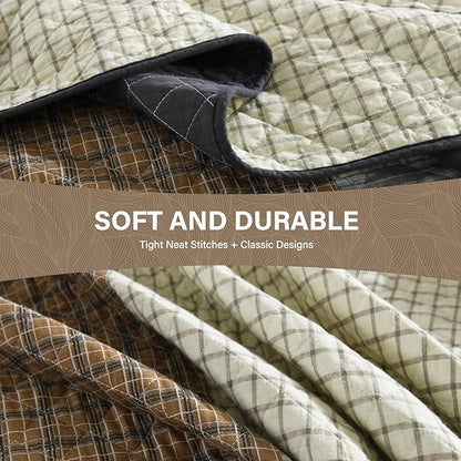 SahSahCasa 100% Cotton 120"x102" Oversized Bedspread Coverlet Quilt Set Queen Size, Queen Quilted Bedspread Extra Large Quilt, Patchwork XL Bed Spread Lightweight Comforter, Brown/Cream/Gray