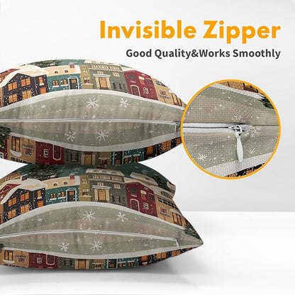Christmas Snoflake Pillow Covers 22x22 Set of 2 Green House Throw Pillow Covers Winter Pillowcase Linen Decoration Farmhouse Cozy Soft Cushion Case Couch for Indoor Outdoor Home Decor