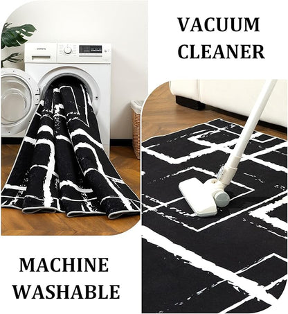 YIHOUSE Black Modern Geometric Area Rug 8x10, Black and White Rug with Abstract Rectangular Patterns,Non-Shedding Washable Rugs for Bedroom, Home Office and Living Room