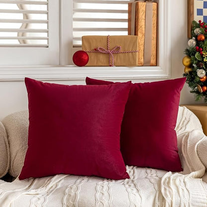 FEVERQIYI 22x22 Velvet Pillow Covers Set of 2 Christmas Red Decorative Square Throw Pillowcase Soft Solid Cushion Covers for Bedroom Living Room Outdoor Indoor Decoration