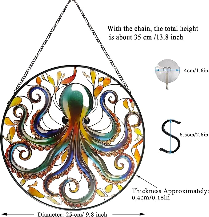 Octopus Stained Glass Window Hanging, 9.8’’ Sun Catcher Glass Panel Ocean Theme Wall Art Decor with Chain, Birthday Gift for Sons, Daughters, Grandson