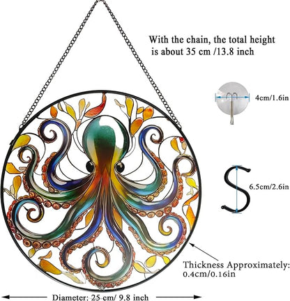 Octopus Stained Glass Window Hanging, 9.8’’ Sun Catcher Glass Panel Ocean Theme Wall Art Decor with Chain, Birthday Gift for Sons, Daughters, Grandson