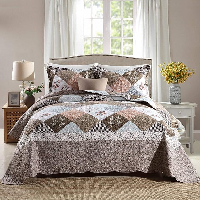 HoneiLife Qversized Queen Quilt - 106"x106" Quilt Sets 3-Piece, Microfiber Bedding Sets Queen Size, Rustic Bedspreads for All Season Use, Patchwork Coverlet for Queen Beds