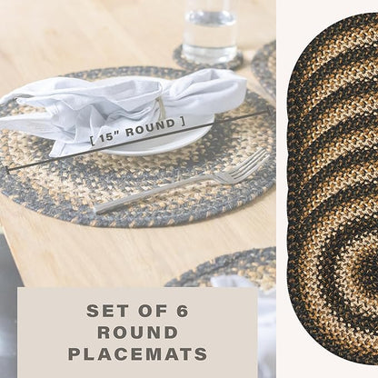 Homespice Kilimanjaro Jute Woven Round Placemats Set of 6, 15", Warm Primitive Decor, Black and Tan Table Mats - Vibrant Colors, Durable, Easy to Clean and Protects Furniture