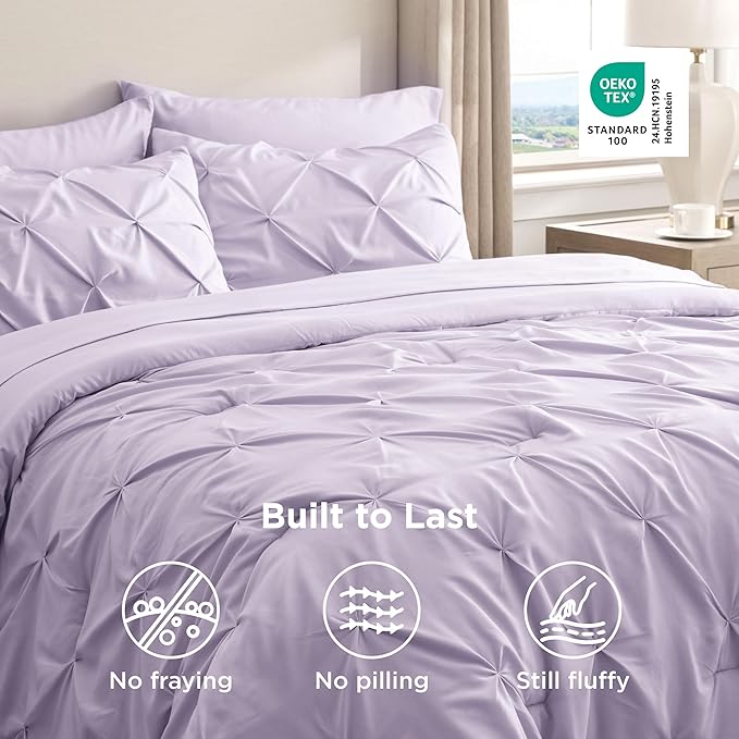 Bedsure Queen Comforter Set Light Purple - Bed in a Bag Queen Size Bedding 7 Pieces, GentleSoft™ Pintuck Bed Set Gift for Family, Pinch Pleat All Season Comforter with Sheets, Pillowcases & Shams
