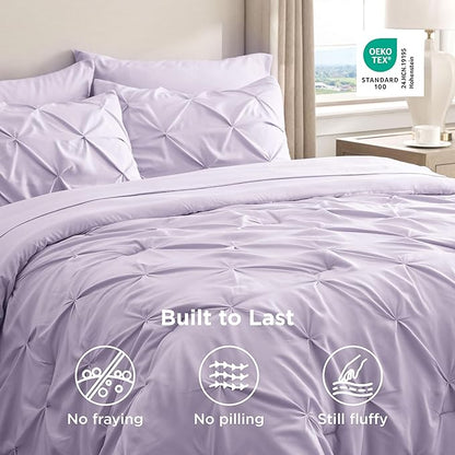 Bedsure Queen Comforter Set Light Purple - Bed in a Bag Queen Size Bedding 7 Pieces, GentleSoft™ Pintuck Bed Set Gift for Family, Pinch Pleat All Season Comforter with Sheets, Pillowcases & Shams