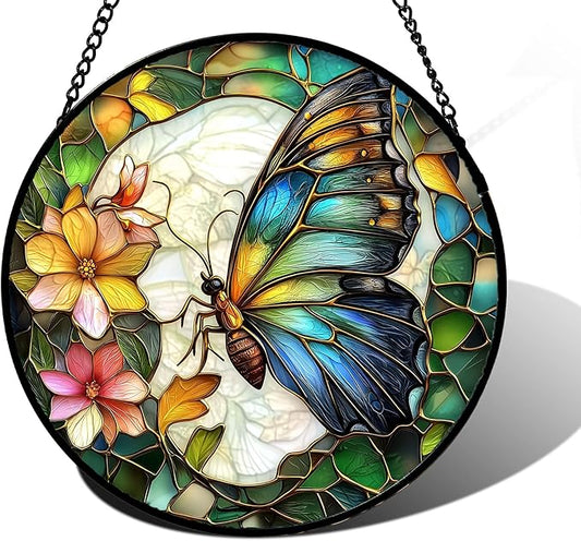 DASTOLL Stained Glass Window Hanging, Butterfly Flower Sun Catchers Diamond Glass Panel Hangings Insect Suncatcher Decor for Birthday for Women, Men, Wife, Aunt, and Mom 11.8x11.8 in