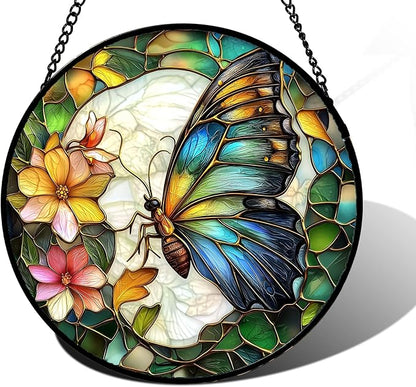 DASTOLL Stained Glass Window Hanging, Butterfly Flower Sun Catchers Diamond Glass Panel Hangings Insect Suncatcher Decor for Birthday for Women, Men, Wife, Aunt, and Mom 15x15 in