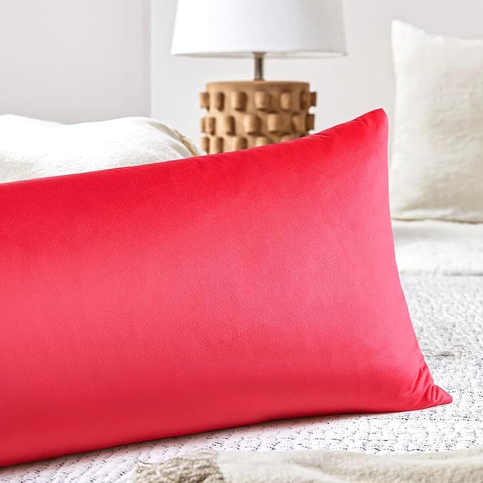 Artscope Luxury Velvet Lumbar Pillow Cover Super Soft Decorative Rectangle Pillowcases Soft Solid Cushion Cases for Couch Sofa Bedroom Car Decor 14x36 Inch Red
