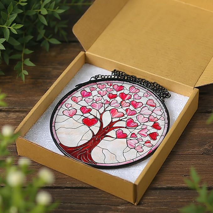 Stained Glass Window Hanging - 8 Inch Love Heart Tree Sun Catcher, Suncatcher Window Decor | Anniversary, Birthday, Christmas, Mother's Day, Valentine’s Day Gifts for Lover, Wife, Girlfriend, Mom