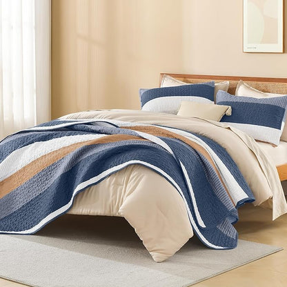 Litanika California King Quilt Set BlueO,Stripe Patchwork Summer Bedspread Coverlet, Soft Lightweight Microfiber Quilt Bedding Set for All Season(1 Quilt, 2 Pillowcases)