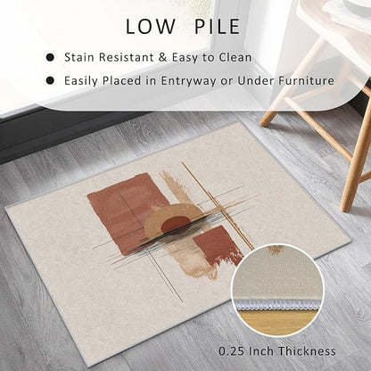 Boho Rug, 8x8 Area Rugs Geometric Minimalist Line Simple Pattern for Living Room, Bedroom, Boho Home Decor Accessories Indoor Carpet, Non Slip & Machine Washable