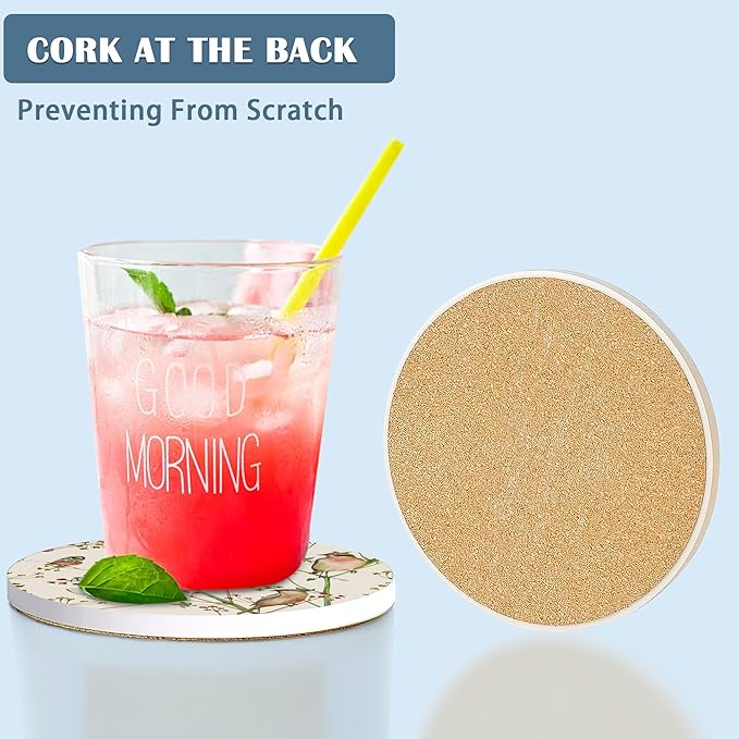 Coasters for Drinks,Vintage Birds and Butterflies Absorbent Coaster Set of 4 with Cork Base,Ceramic Drink Coasters for Cold Drinks Wine Glasses Cups Mugs,Housewarming Gifts for Home Decor