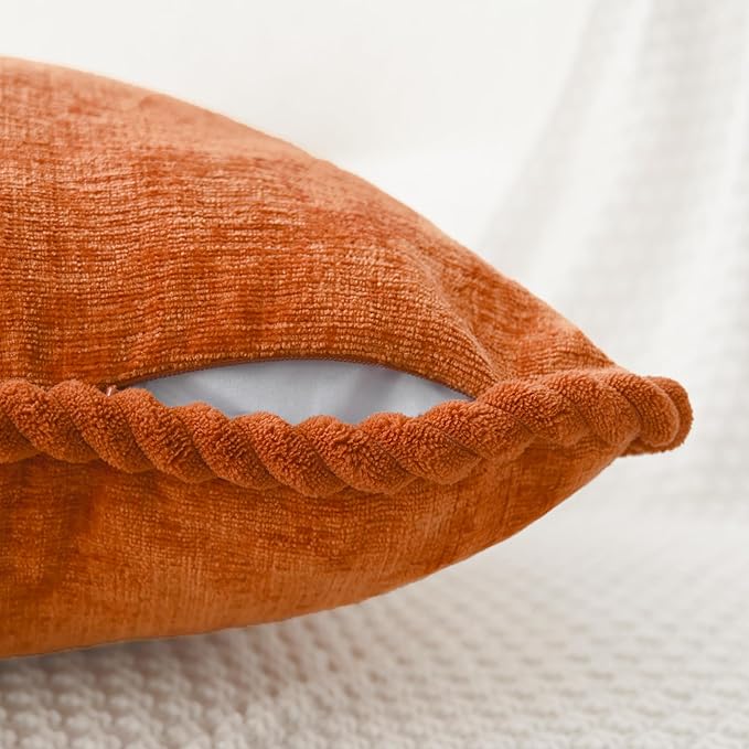 CaliTime Fall Decorative Couch Throw Pillow Covers 18 X 18 Inches Pack of 2 Cozy Chenille Piping Edge Cushion Cases for Sofa Bed Living Room Home Burnt Orange