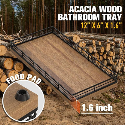 Bathroom Vanity Tray – 12" x 6" Acacia Decorative Wooden Tray for Toilet Tank Organizer Wood Tray for Bathroom Countertop, Soap, Perfume Accessories Storage, Vanity Dresser Decor Black & Acacia