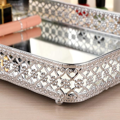 ELLDOO Perfume & Makeup Mirror Tray - Silver Metal Organizer for Dresser & Bathroom Countertop, Hollow-Carved Design Jewelry Storage Large Size 13.8" x 7.9"
