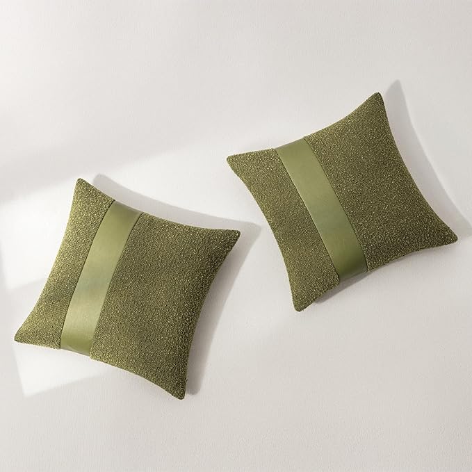 22"x22" Forest Green Boucle Pillow Covers with Faux Leather Accents Set of 2 Fluffy Textured Decorative Throw Pillow Cases for Couch Bed Boho Farmhouse Square Cushion Covers for Home Décor