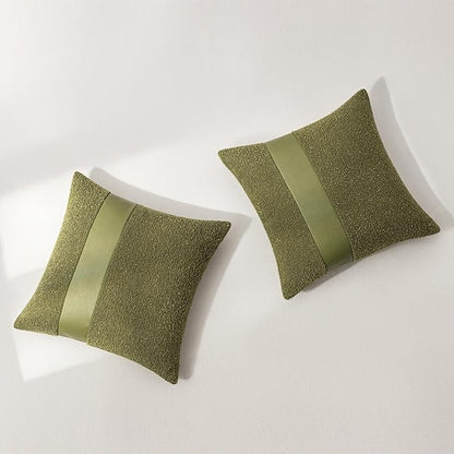 20"x20" Forest Green Boucle Throw Pillow Covers with Faux Leather Accents Set of 2 Fluffy Textured Decorative Pillow Cases for Couch Bed Boho Farmhouse Square Cushion Covers for Nordic Home