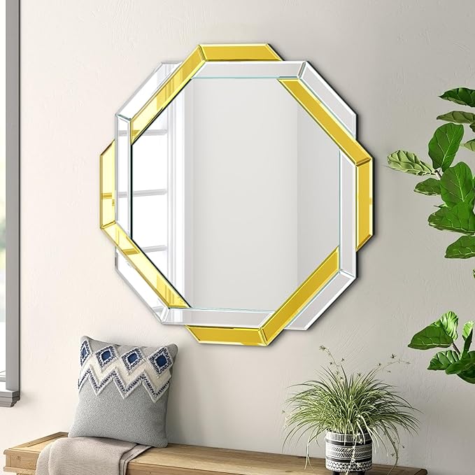 Gold Bathroom Mirror-20”X20” Helicoid Wall Mirrors Decorative,Hexagon Beveled Edge Frameless Mirror for Wall Bathroom, Vanity Room, Bedroom, Living Room and Enterway