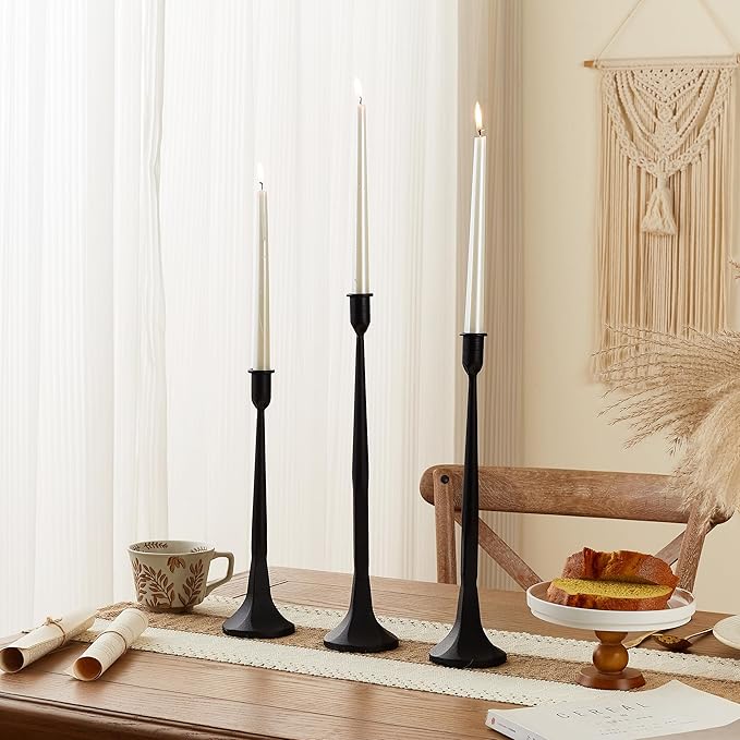 Iron Taper Candle Holder Set of 3 15.5” 14” 12” Decorative Modern Vintage Metal Tall Candlestick Holders for Wedding, Dinning Table,Mantle, Party Decoration (3, Black)