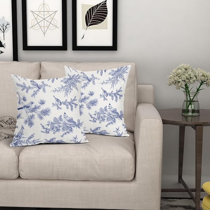 White Blue Bird Pillow Covers 18x18 Set of 2 Decorations Chinoiserie Vintage Throw Pillow Covers Decor Rustic Pillowcases Oriental Pattern Farmhouse Cozy Soft for Sofa Bed Chair Home Decorative