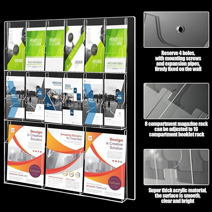 Weysat Acrylic Brochure Holder Wall Mount, Clear Plastic Pamphlet Holder Magazine Display Trifold Flyer Rack Hanging Literature Storage Organizer(3 Magazine Pockets, 12 Pamphlet Pockets)