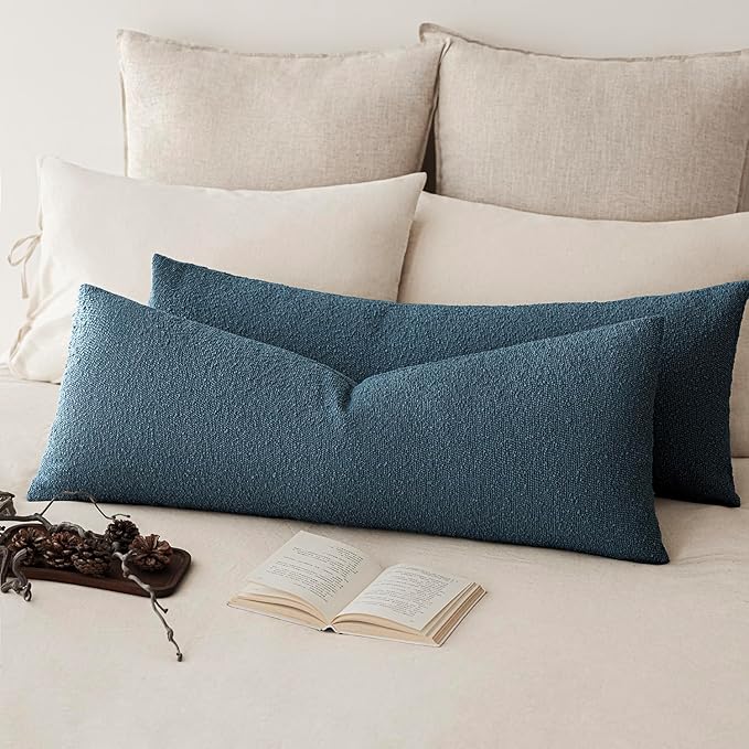 Foindtower Decorative Textured Boucle Throw Pillow Covers Accent Solid Pillow Cases Neutral Long Body Lumbar Couch Cushion Case for Chair Sofa Bedroom Living Room Home Decor 14x36 Inch,1PC,Blue