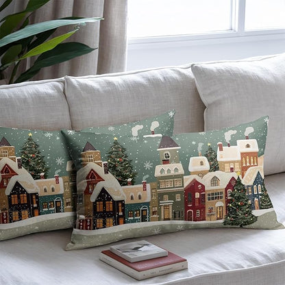 Christmas Snoflake Pillow Covers 12x20 Set of 2 Green House Throw Pillow Covers Winter Pillowcase Linen Decoration Farmhouse Cozy Soft Cushion Case Couch for Indoor Outdoor Home Decor