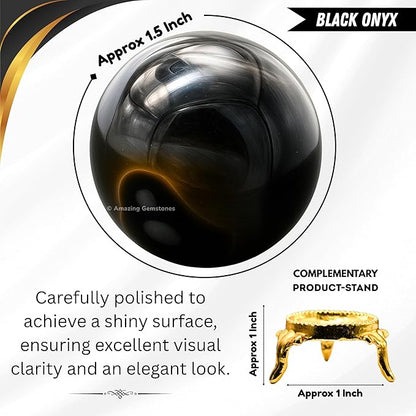 Amazing Gemstone Black Onyx Crystal Ball with Stand - 1.5" Inches Crystal Sphere Meditation Balls for Witchcraft and Decorative Balls