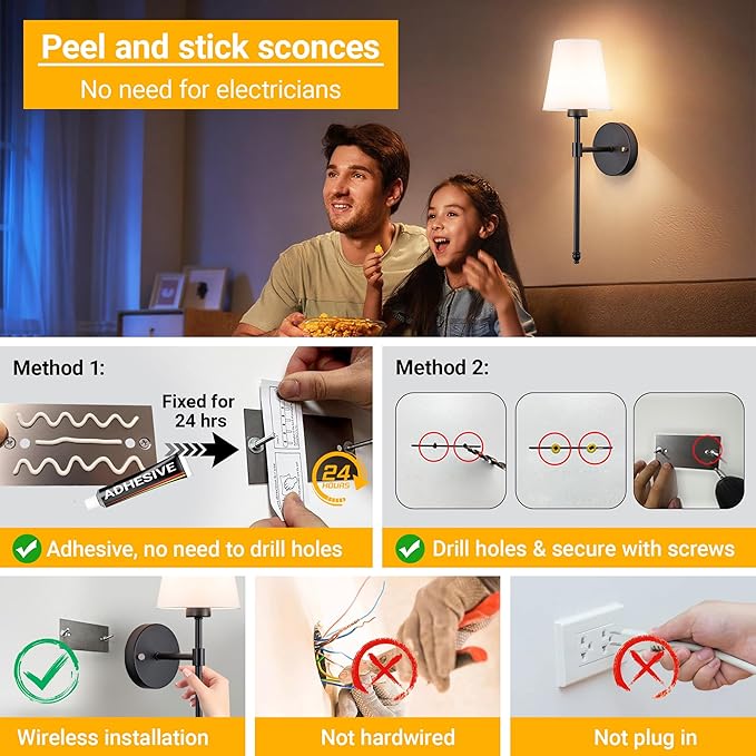 Battery Operated Wall Sconce: Peel and Stick Adhesives Stick On Non Drill Wall Light, Rechargeable Wireless Wall Lamp with Battery Corn Bulb for Bedroom Wall Decor