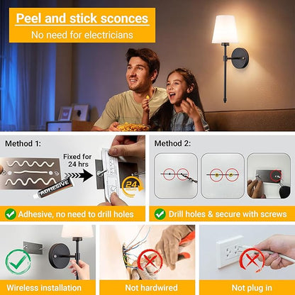 Battery Operated Wall Sconce: Peel and Stick Adhesives Stick On Non Drill Wall Light, Rechargeable Wireless Wall Lamp with Battery Corn Bulb for Bedroom Wall Decor
