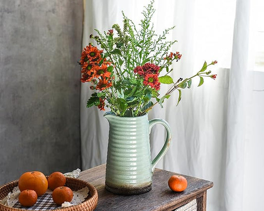 Quoowiit Ceramic Rustic Vase with Handle, Green Distressed Decorative Farmhouse Pitcher Vase for Home Decor Living Room Bedroom Kitchen Office Shelf Decor Centerpiece Table Decoration