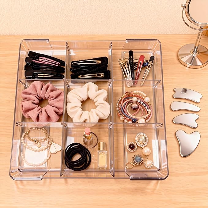 Expandable Desk Drawer Organizer, Acrylic Drawer Organizer Trays with 11 Adjustable Compartments 6 Removable Dividers Desk Accessories for Makeup Utensil Junk Office Kitchen Bathroom ( Clear, 1Pcs )