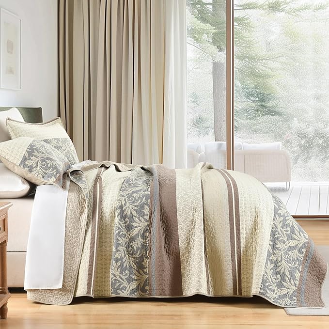 PERHOM King Size Quilt Set, 3 Pieces 100% Cotton King Quilted Bedding with 2 Pillow Shams, Farmhouse Stiped Botanical Pattern, Lightweight Reversible Coverlet Bedspread, Brown/Beige/Gray