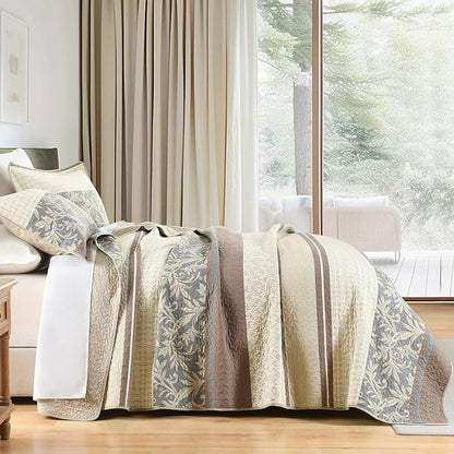 PERHOM King Size Quilt Set, 3 Pieces 100% Cotton King Quilted Bedding with 2 Pillow Shams, Farmhouse Stiped Botanical Pattern, Lightweight Reversible Coverlet Bedspread, Brown/Beige/Gray