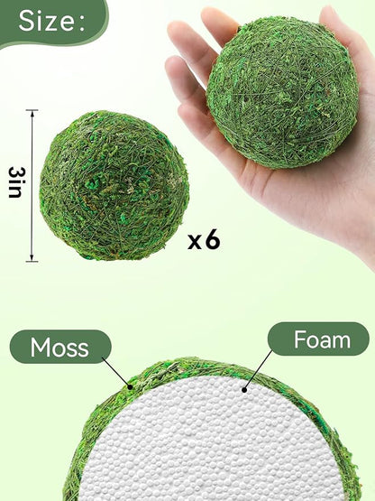 Biubee 6Pack Decorative Faux Dried Moss Balls- 3" Artificial Green Plant Mossy Globes Handmade Sphere Moss Gift for Home Dough Bowl Vase Chinoiserie Decors Party Wedding Display