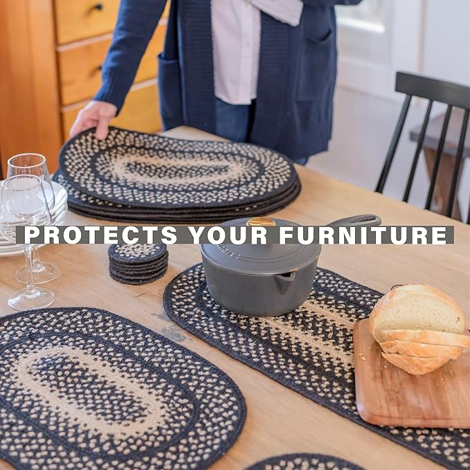 Homespice Manchester Jute Braided Placemats, Country Primitive Decor, Set of 4, Black and Tan 13x19 Oval Table Mats - Vibrant Colors, Durable, Easy to Clean and Protects Furniture