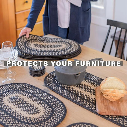 Homespice Manchester Jute Braided Placemats, Country Primitive Decor, Set of 4, Black and Tan 13x19 Oval Table Mats - Vibrant Colors, Durable, Easy to Clean and Protects Furniture