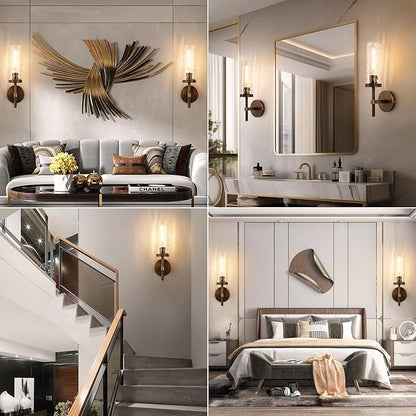 15" Knurled Brass Wall Sconces Set of 2, Bronze Bathroom Vanity Light Fixtures with Water Ripples Glass Tube, Modern Lamp Lighting for Bedroom, Living Room, Hallway, Staircase, Mirror, Kitchen