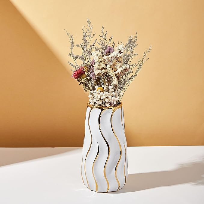 White Ceramic Vase for Home Decor,Decorative Flower Vase, Vertical Stripe Ceramic Vases for Home Décor, Bedroom, Office, Living Room, Bathroom, Tabletop Decor, Centerpiece (White)