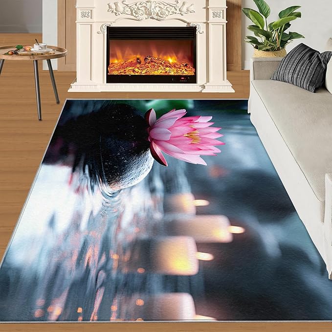 Zen Stones Washable Area Rug 4x5, Pink Petals Soft Rugs for Living Room Recuperative Spa Carpet Area Rugs for Bedroom Dining Room Non-Slip Stain Resistant Rug