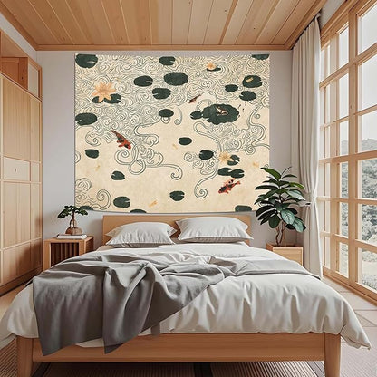 Lifeella Japanese Tapestry, Koi Pond Tapestry, Abstract Lotus Lily Wall Hanging, Zen Nature Aesthetic Art Wall Decor for Bedroom Living Room Dorm, Beige 44x60 inches