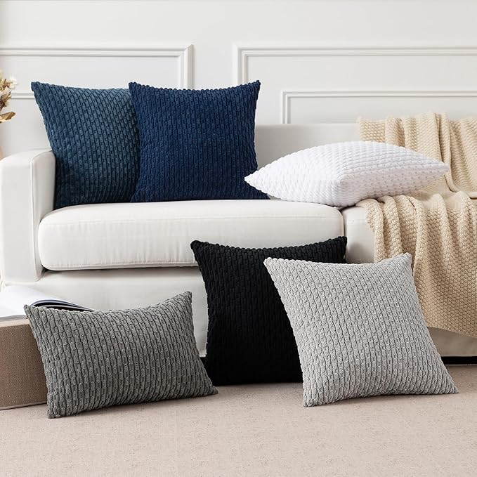 Kevin Textile 14x22 Inch Pillow Cover 1 Pack Boho Decorative Soft Striped Corduroy Lumbar Farmhouse Color Accent Rectangle Cushion Case for Living Room Couch Sofa Bed, Navy Blue