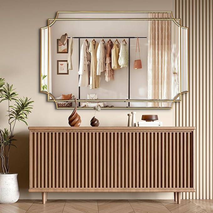 Gold Mirror for Wall, 48" x32" Wooden Framed, Polished Bevelled Rectangle Mirror, Modern Decorative Mirrors for Wall Decor, Irregular Mirror for Living Room, Bathroom, Entryway, Bedroom