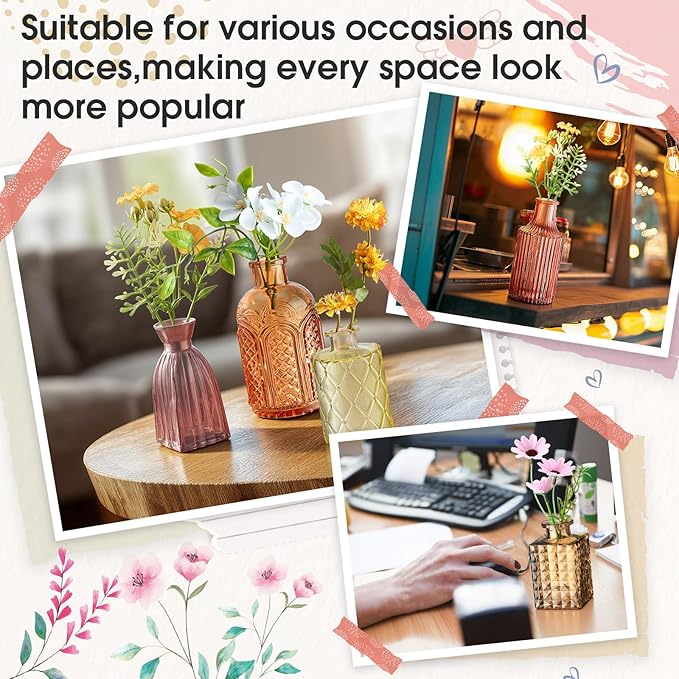 Yaomiao 60 Pcs Vases Bulk Colored Flower Glass Vases Bud Vintage Colored Glass Bottles Colorful Rustic Embossed for Home Wedding Table Decorations Gifts (Orange Yellow Series)
